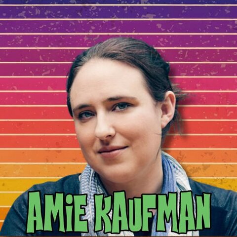The author Amie Kaufman against a retro style background and bold green text with her name.