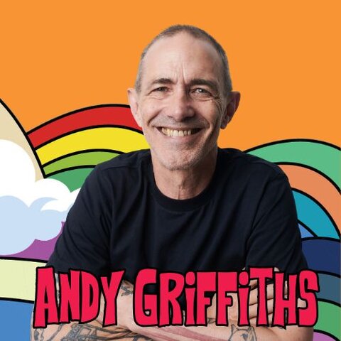 The Author, Andy Griffiths against an orange background with colourful rainbow arcs and his name in bold red text.