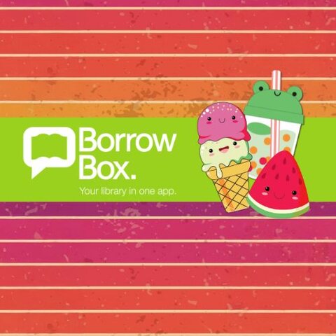 Some of the  Big Summer Read mascots alongside the BorrowBox logo on a retro stiped colourful background.