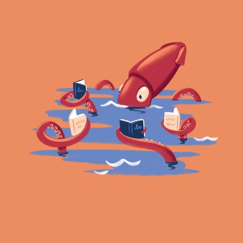 Orange background graphic featuring a red giant squid reading books in the sea.