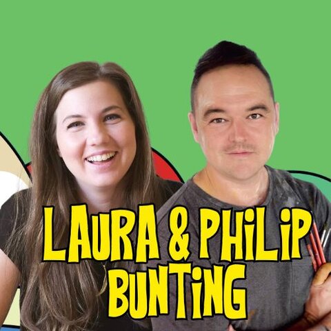 Green background featuring two people holding books, with bold yellow text reading ‘Laura & Philip Bunting’—promoting Big Summer Read.