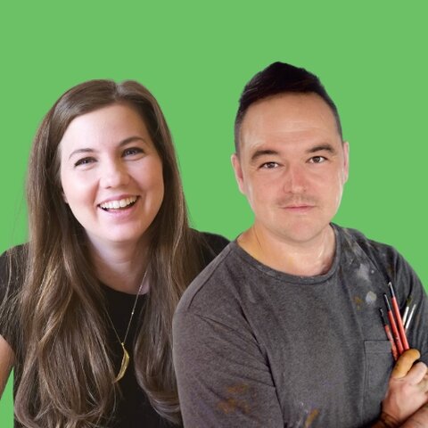 The Author Ambassador badge for emerging readers featuring Laura and Philip Bunting. It contains the authors  Laura (a smiling woman with long brown hair) and Philip (a man with short black hair and a small mustache). They're set against a green background with the Big Summer Read rainbows down the bottom.