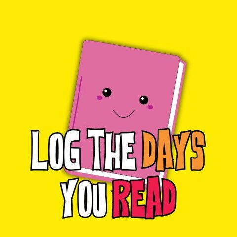 The reward badge for logging the days you read. It features the Big Summer Read character Paige (the pink book) with the text 'Log the days you read' against a yellow background.