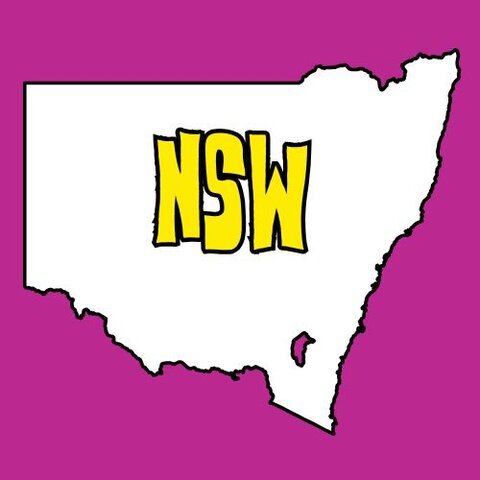 White outline of New South Wales on a bright pink background with bold yellow text reading ‘NSW’ inside the map.