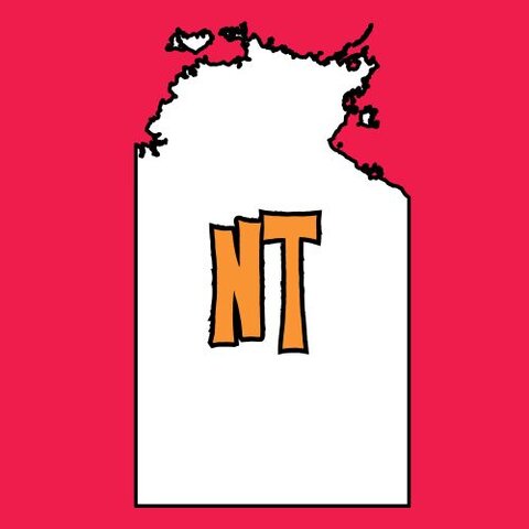 White outline of the Northern Territory on a bright red background with bold orange text reading ‘NT’ inside the map
