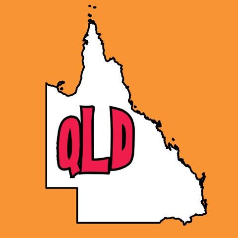 White outline of Queensland on an orange background with bold red text reading ‘QLD’ inside the map.
