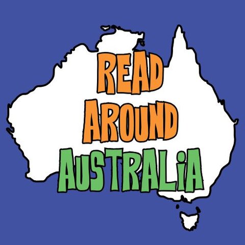 Graphic of Australia’s map outlined in white on a blue background with bold text inside reading ‘Read Around Australia’ in orange and green letters.