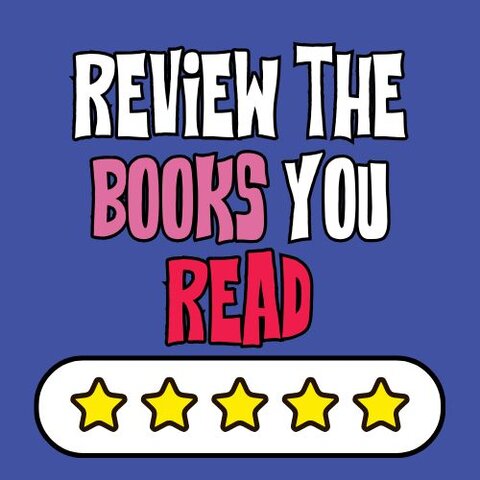 Blue background graphic with bold white, pink, and red text reading ‘Review the books you read.’ Below the text is a five-star rating bar with yellow stars inside a white rectangle.