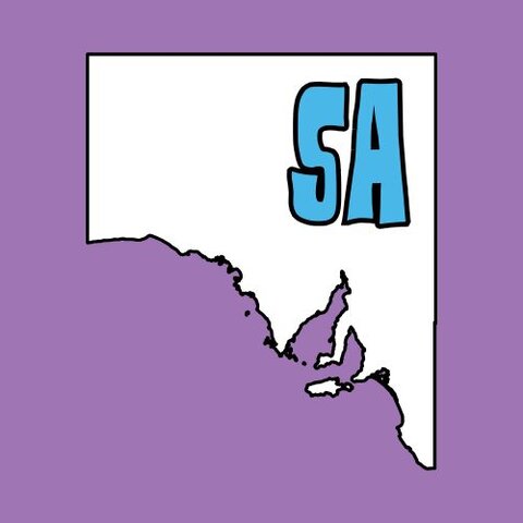 White outline of South Australia on a purple background with bold blue text reading ‘SA’ inside the map.