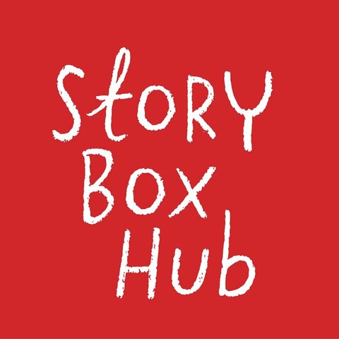 The StoryBox Hub logo in white child-like text on a red background.