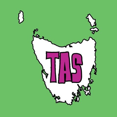White outline of Tasmania on a green background with bold purple text reading ‘TAS’ inside the map.