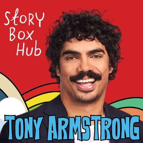 The author Tony Armstrong against a red background with colourful rainbow arcs and bold blue text with his name and white handwritten text ‘Story Box Hub’.