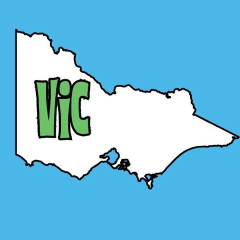 White outline of Victoria on a bright blue background with bold green text reading ‘VIC’ inside the map