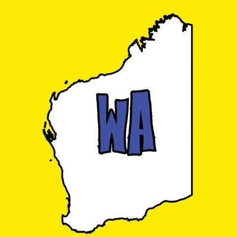 White outline of Western Australia on a bright yellow background with bold blue text reading ‘WA’ inside the map