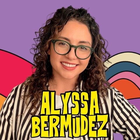 The author Alyssa Bermudez against a purple background and colourful rainbows.