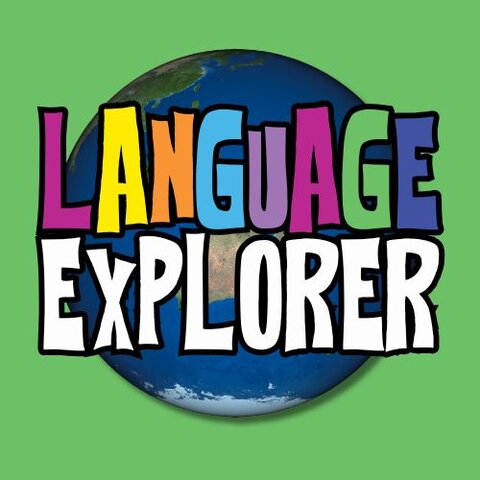 The text 'Language Explorer' over a globe of the earth against a green background. The characters in the word 'language' are in all different colours.