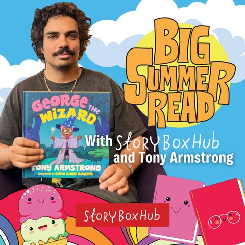 The author Tony Armstrong holding his book 'George the Wizard' against a blue sky with fluffy cloud background. The Big Summer Read logo is alongside him with some of the Big Summer Read mascots underneath.